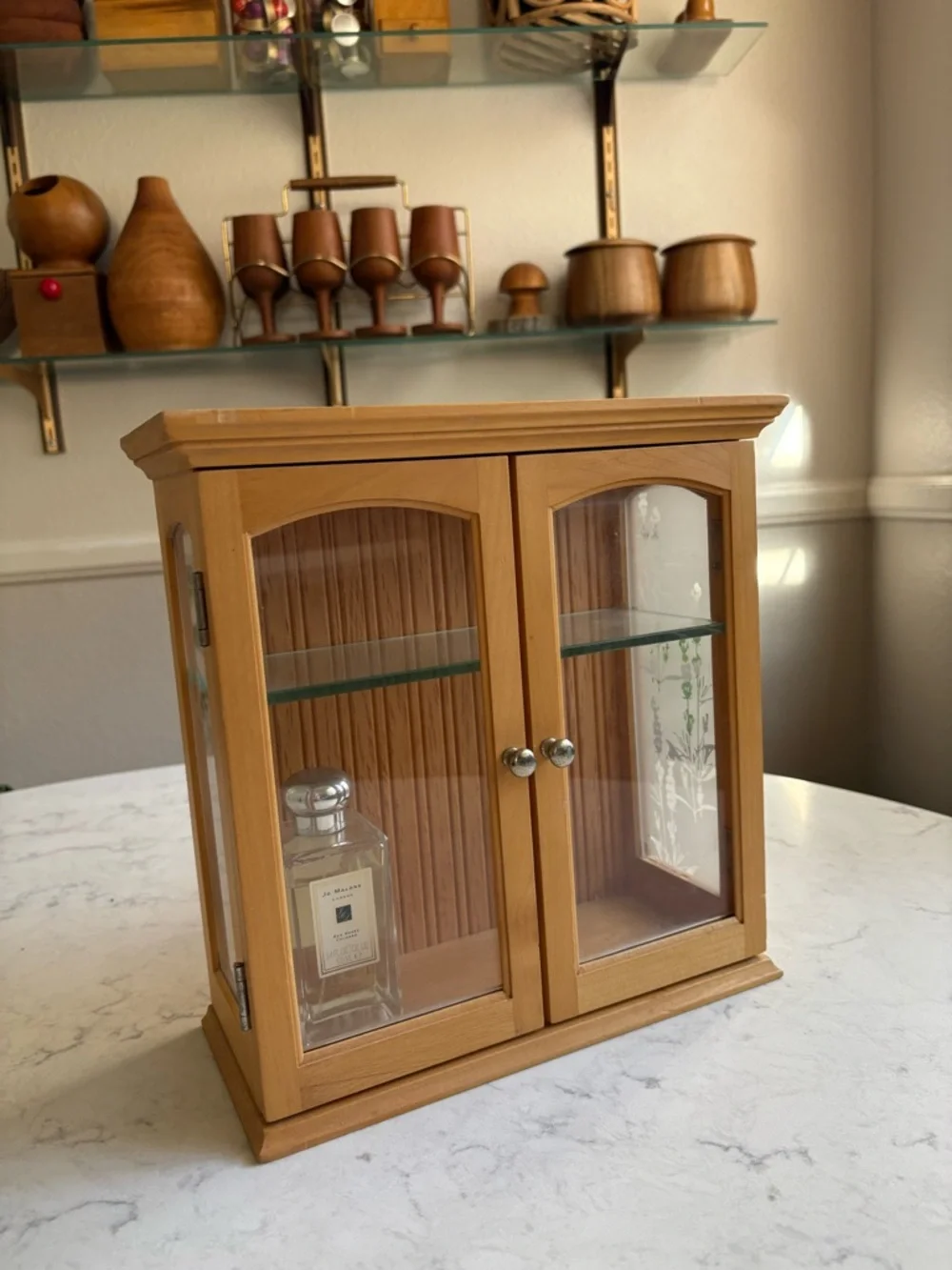 Wood Vintage Mini Curio Dispkay with Glass Shelf - Natural Brown